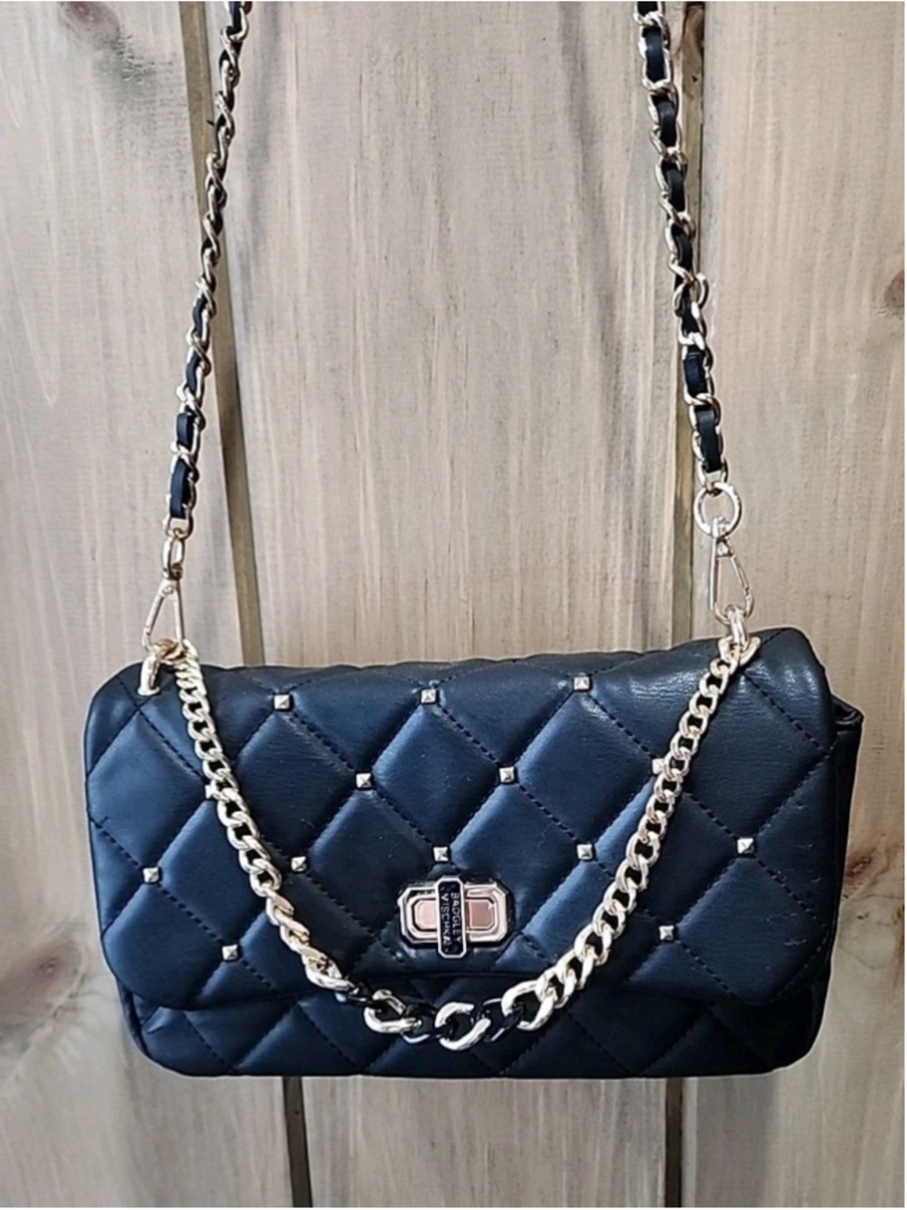 Badgley Mischka Studded Crossbody Bag Black Gold Vegan Leather EUC
